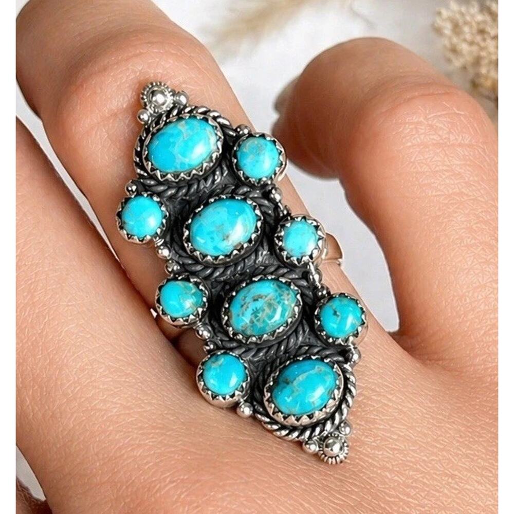 Turquoise Cluster Ring Sterling Silver Native Style Southwest Long Adjustable